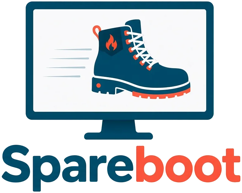 Spareboot logo: a teal monitor with a flying boot, coral sole and flame, above the Spareboot wordmark
